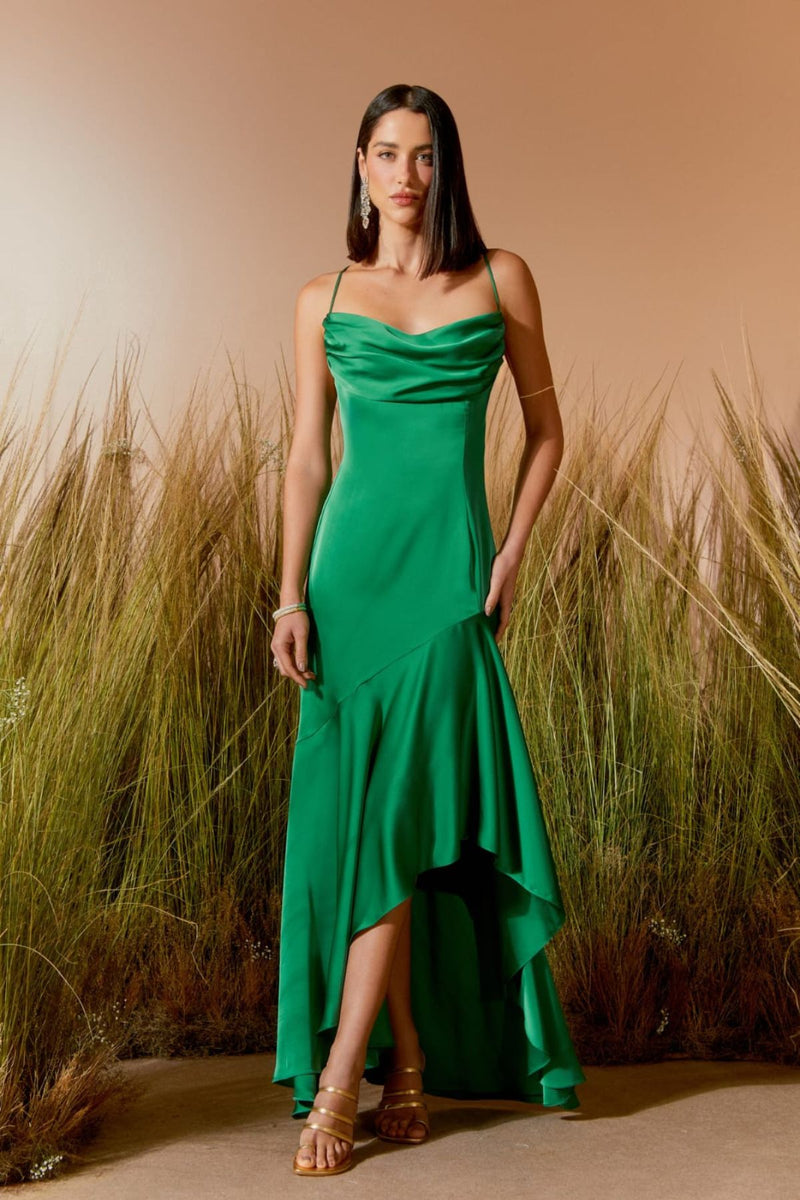 VESTIDO LONGO FENDA BABADO EUCALIPTO