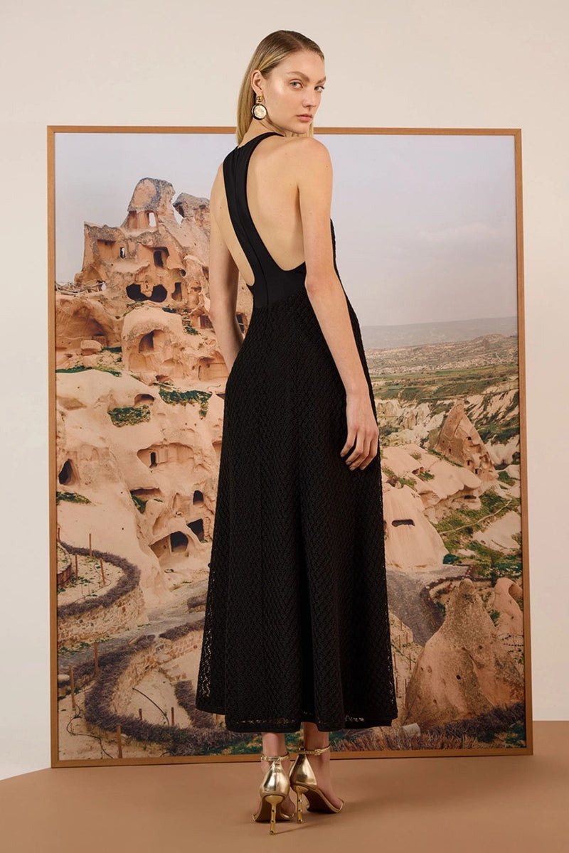 VESTIDO MAXI MIDI TELA CROCHET PRETO