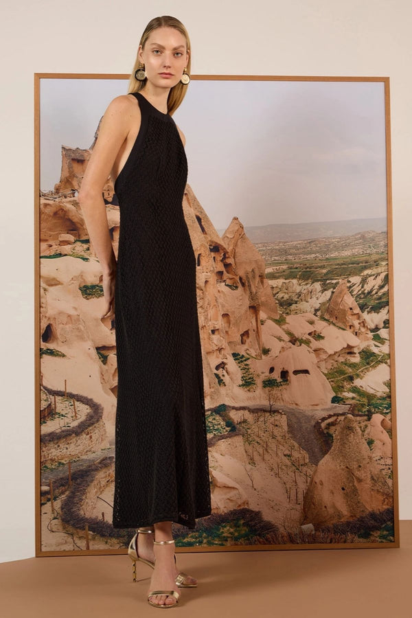 VESTIDO MAXI MIDI TELA CROCHET PRETO