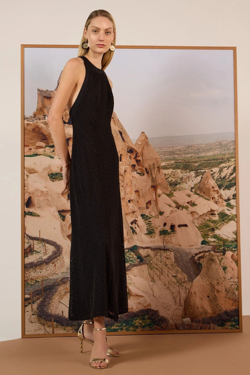 VESTIDO MAXI MIDI TELA CROCHET PRETO