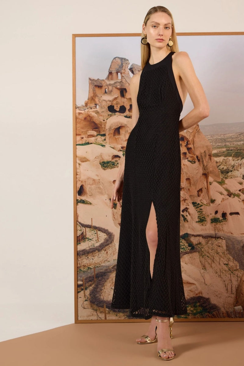VESTIDO MAXI MIDI TELA CROCHET PRETO