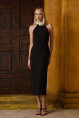 VESTIDO MIDI DETALHE FLORES NA GOLA