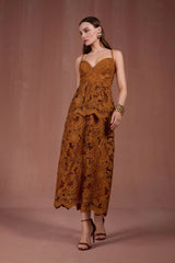 VESTIDO MIDI FORES MARROM RENDA