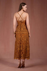 VESTIDO MIDI FORES MARROM RENDA