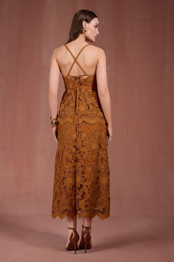 VESTIDO MIDI FORES MARROM RENDA