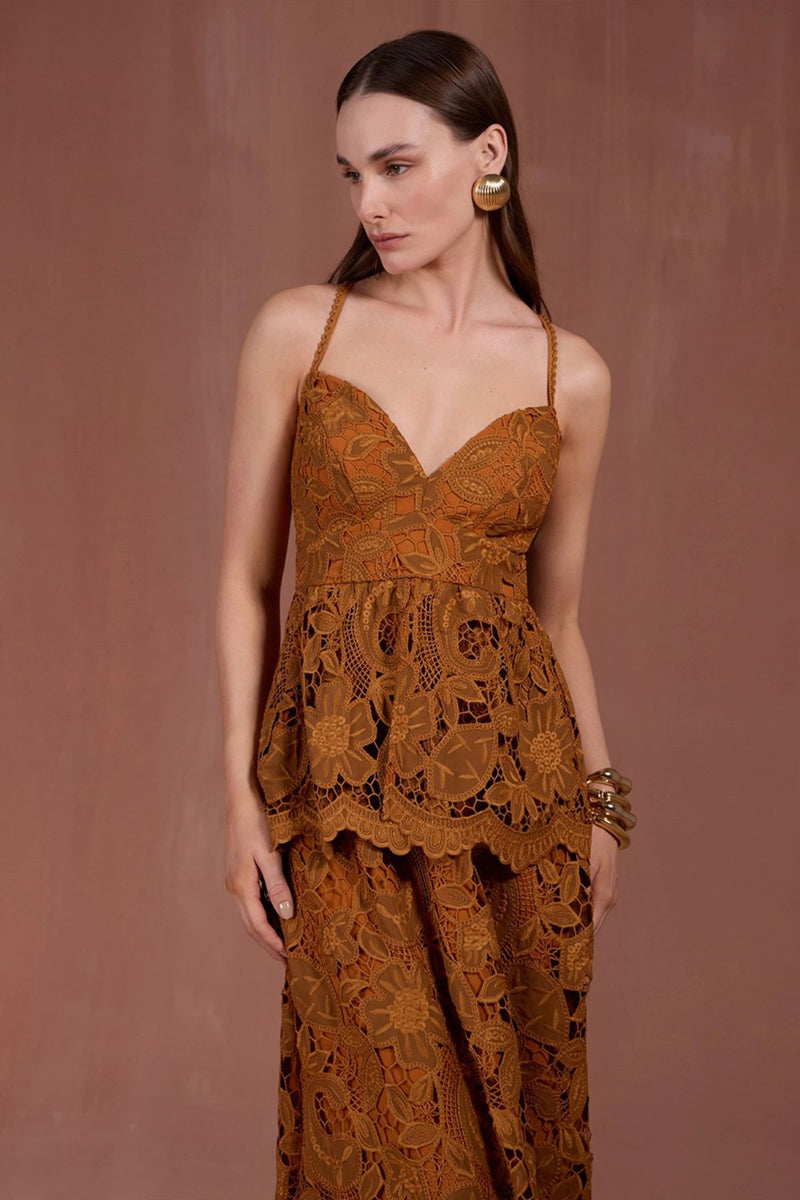 VESTIDO MIDI FORES MARROM RENDA