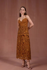 VESTIDO MIDI FORES MARROM RENDA