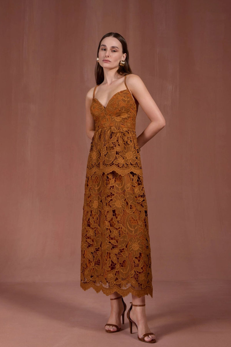 VESTIDO MIDI FORES MARROM RENDA
