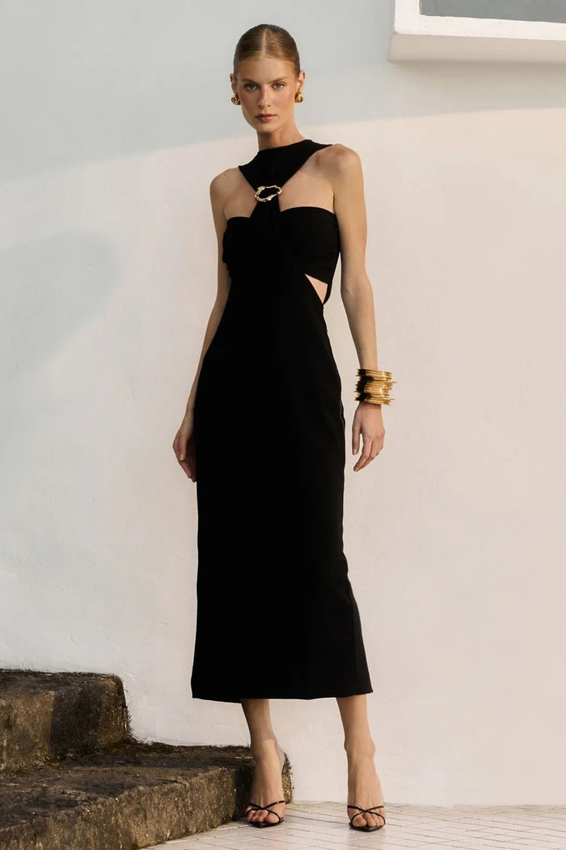 VESTIDO MIDI RECORTES PASSANTE METAL