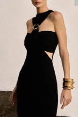 VESTIDO MIDI RECORTES PASSANTE METAL