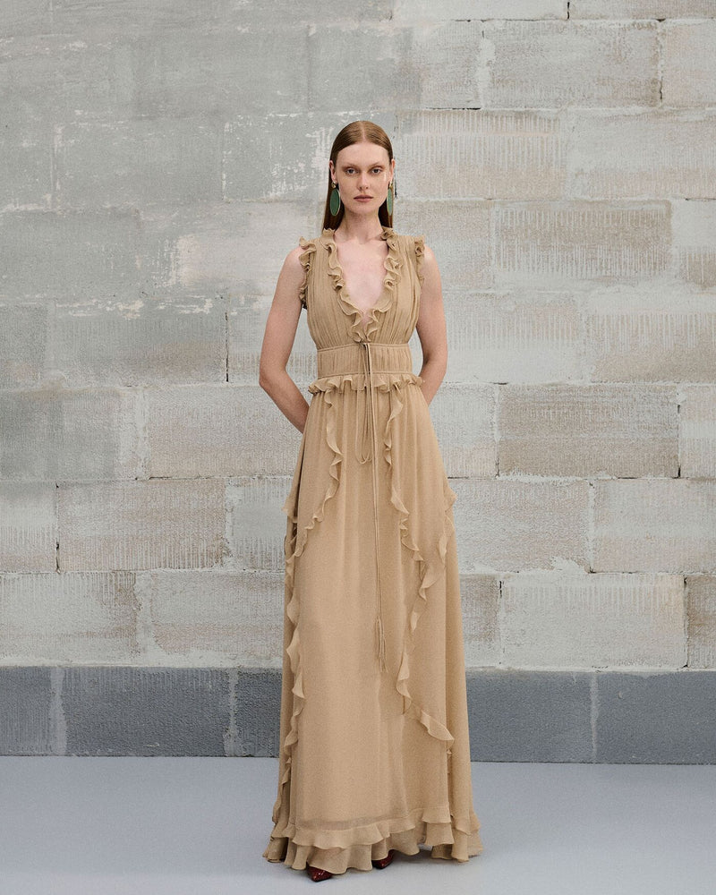 VESTIDO GEORGETE SEDA BEGE