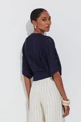 BLUSA EM TRICOT TELA E JACQUARD NAVY E PRETO