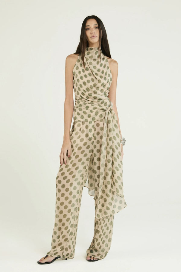 CALÇA SEDA JUCALICIA OLIVE - ECRU