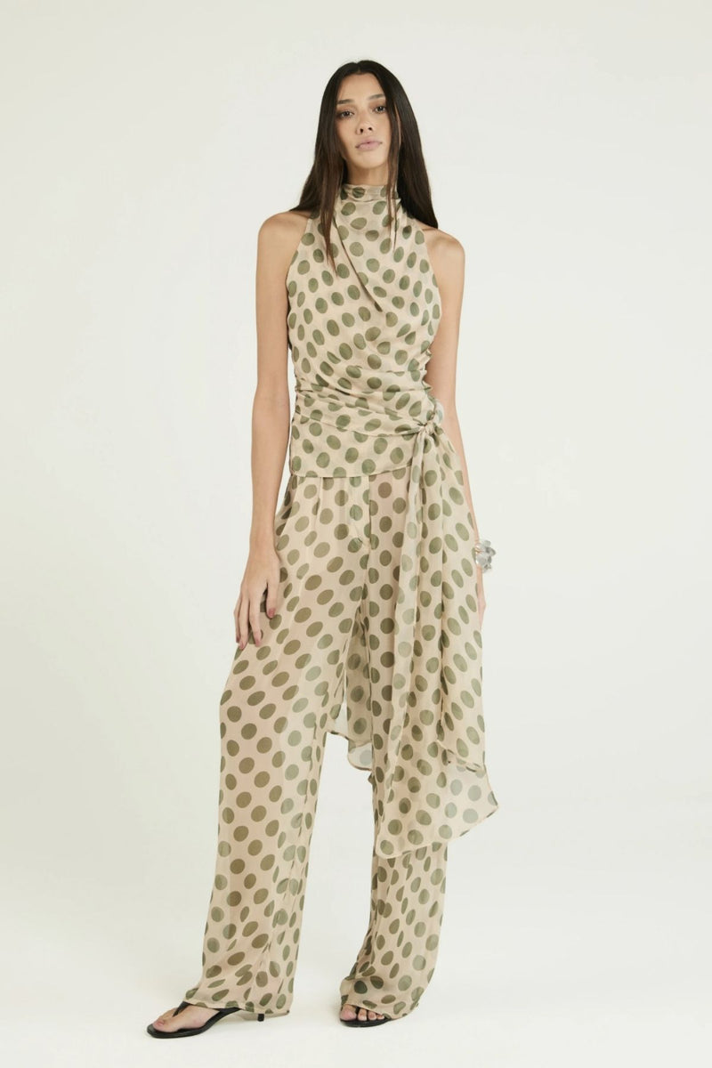 CALÇA SEDA JUCALICIA OLIVE - ECRU