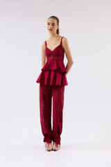 CALÇA PARACHOUTE GUIPURE FLORAL FRAMBOESA