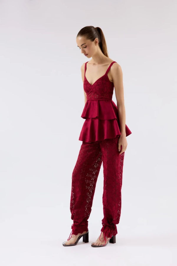 CALÇA PARACHOUTE GUIPURE FLORAL FRAMBOESA