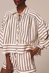 CAMISA MANGA AMPLA ETERNO LISTRADO OFF E PRETO