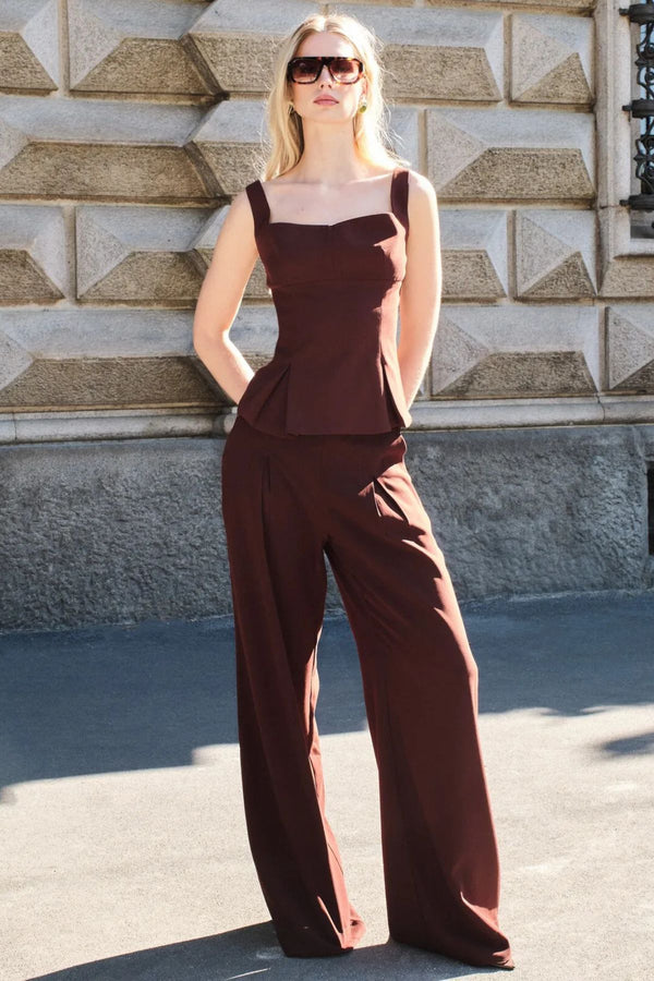 CONJUNTO ALFAIATARIA CORSET E CALÇA COM PREGAS MARROM