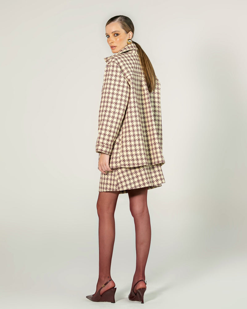CONJUNTO TWEED MAXI CASACO E SAIA BEGE E VINHO