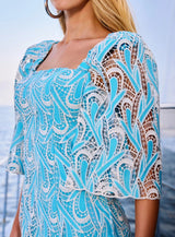VESTIDO CURTO RENDA BORDADA AZUL