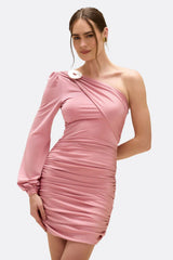 VESTIDO CURTO ROSA DRAPEADO OMBRO SÓ