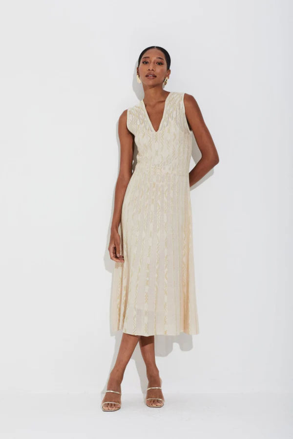 VESTIDO TRICOT TELA E JACQUARD DOURADO