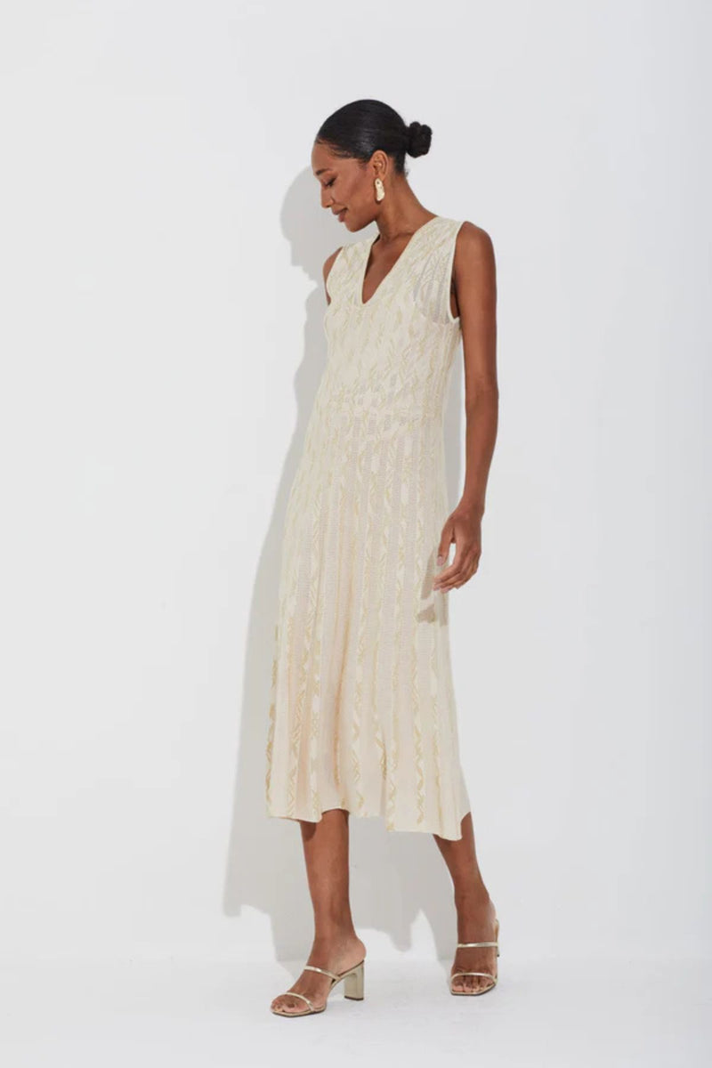 VESTIDO TRICOT TELA E JACQUARD DOURADO