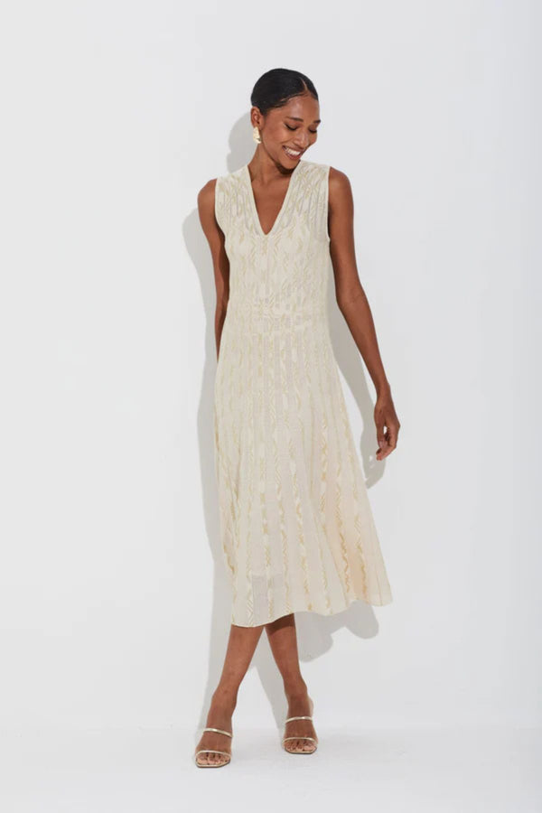 VESTIDO TRICOT TELA E JACQUARD DOURADO