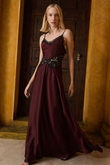 VESTIDO LONGO DETALHE RENDA MARROM