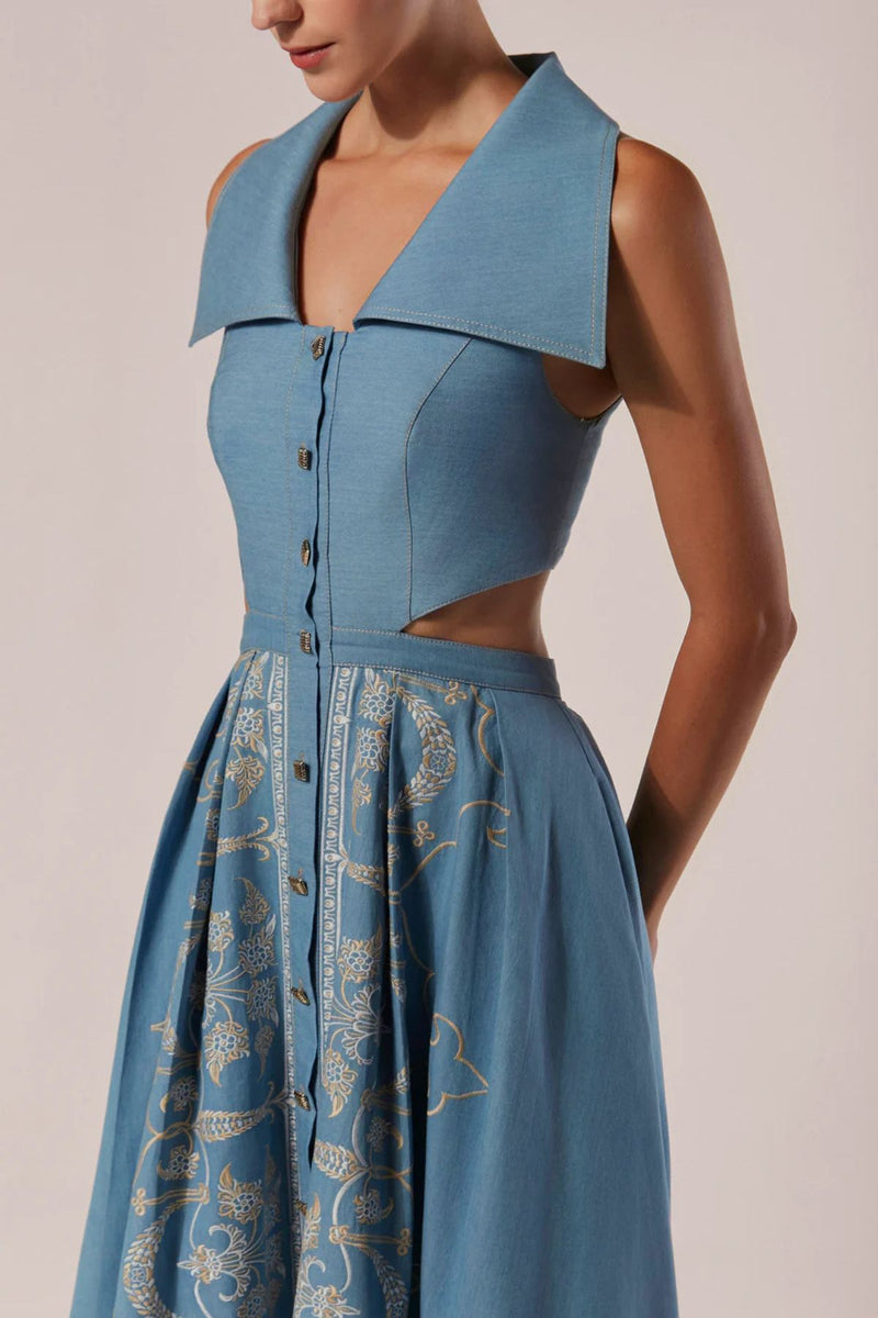 VESTIDO MIDI FRENTE ÚNICA CHAMBRAY ELEGANZA