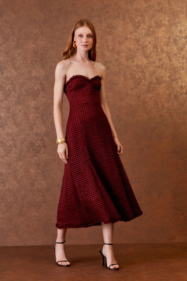 VESTIDO MIDI GUIPURE BORDEAUX