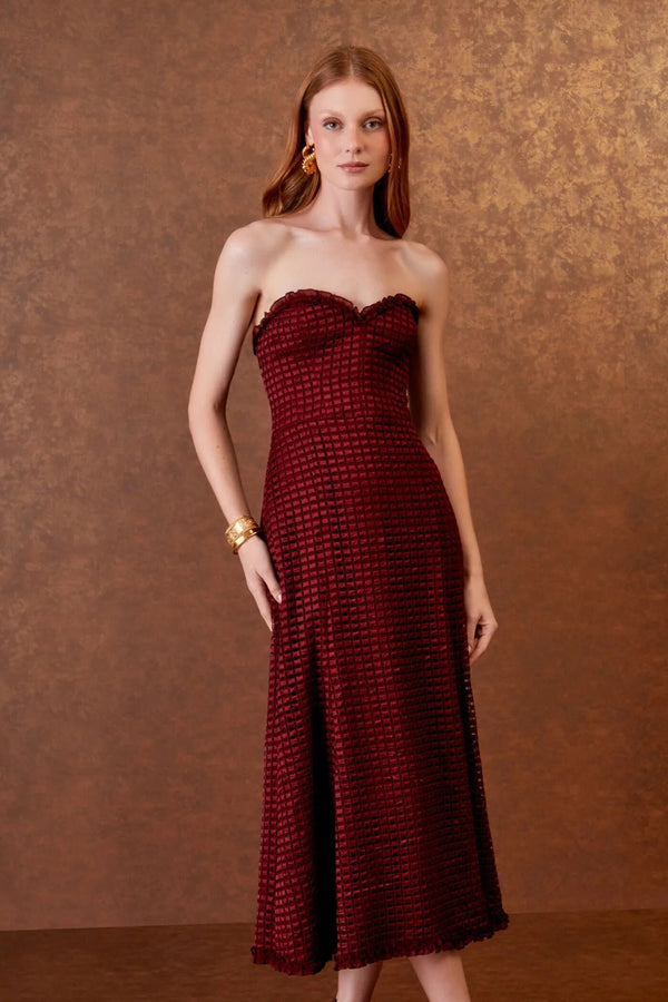 VESTIDO MIDI GUIPURE BORDEAUX