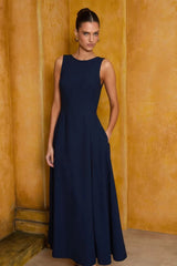 VESTIDO MIDI RECORTE PREGAS AZUL