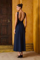 VESTIDO MIDI RECORTE PREGAS AZUL