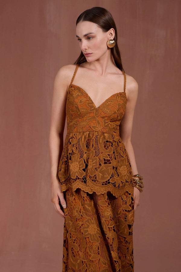 VESTIDO MIDI RENDA MARROM
