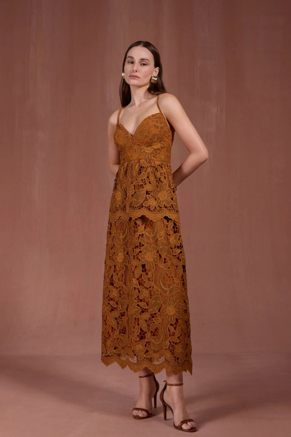 VESTIDO MIDI RENDA MARROM